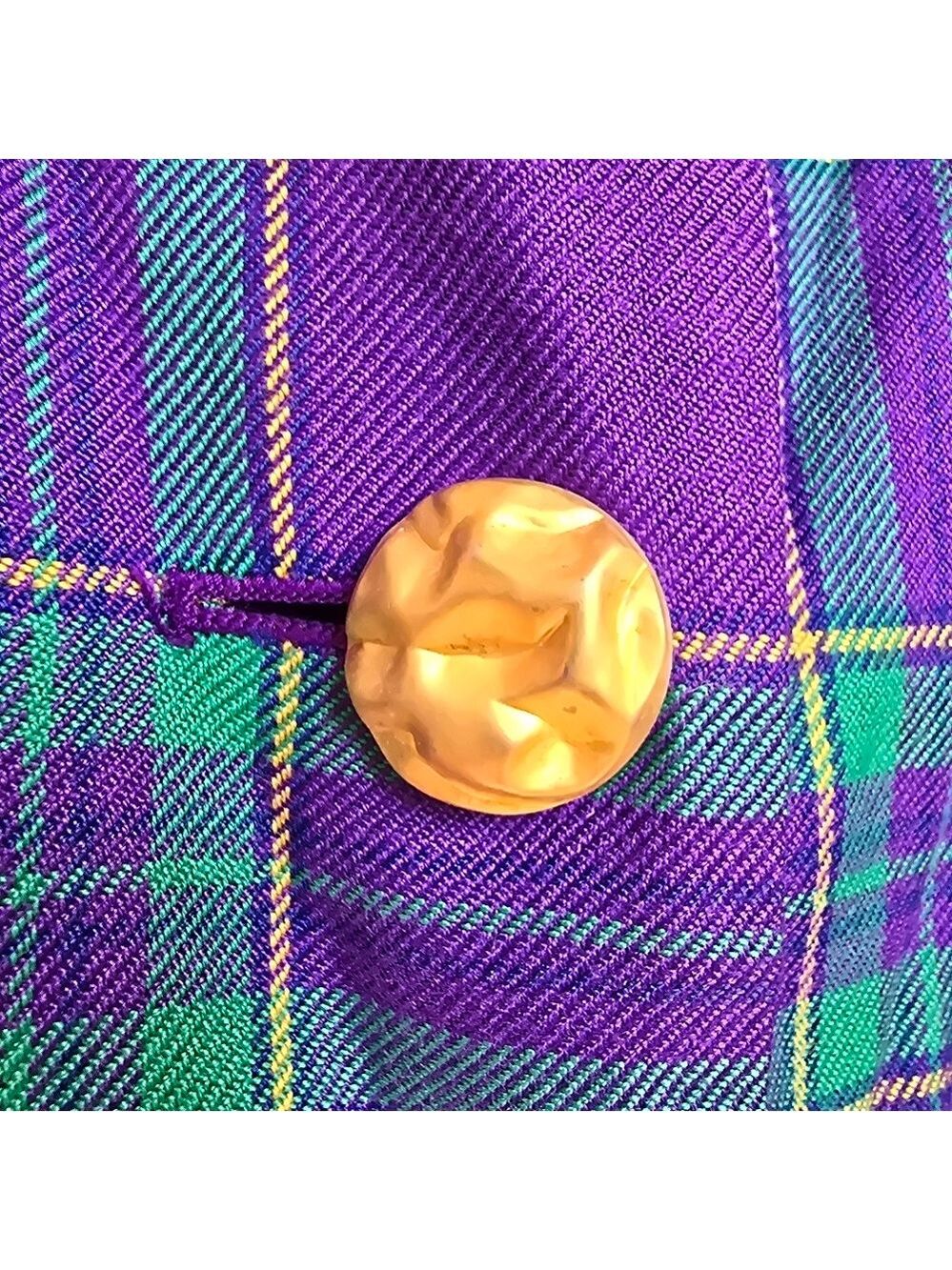 Lord & Taylor Purple Green Plaid Vintage Blazer Chunky Gold Buttons - Picture 8 of 14
